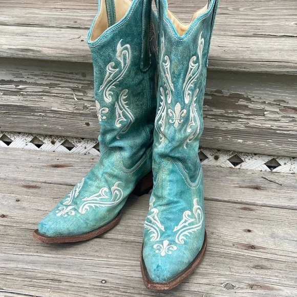 Corral Boots Turquoise Blue Leather Cortez Western Cowboy Boots Women's Size 10 - Picture 2 of 15